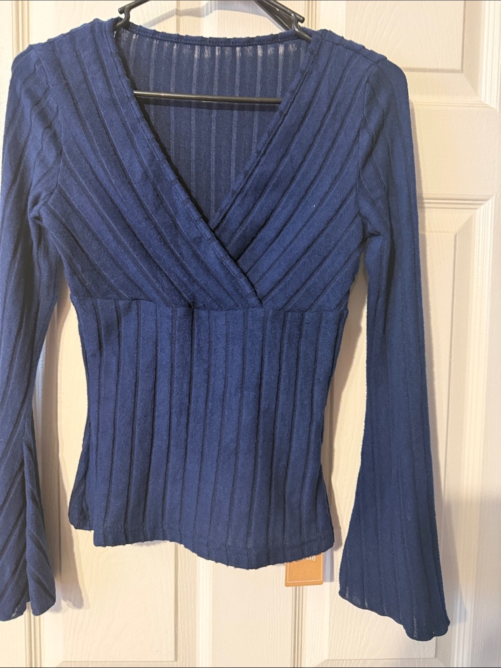 SHEIN Royal Blue Ribbed V-Wrap Long Sleeve Top